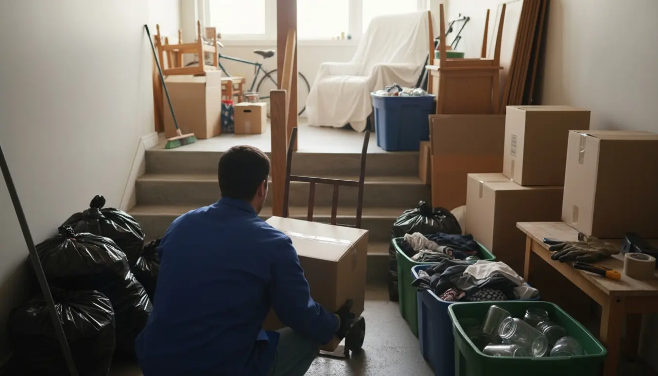 Bagfra set person tømt husets kælder og entre med adskilte bunker til skrald, genbrug og donation.