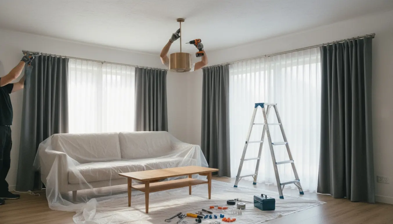Person på stige monterer loftslampe, mens gardiner hænges op i et lyst, moderne rum.
