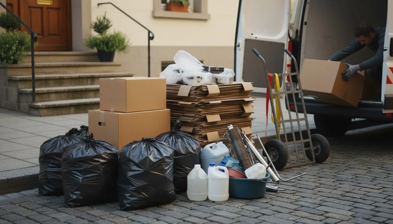 Sorteret storskrald ved en opgang med fyldte sække, flyttekasser, pap og en flyttevogn klar til bortkørsel.