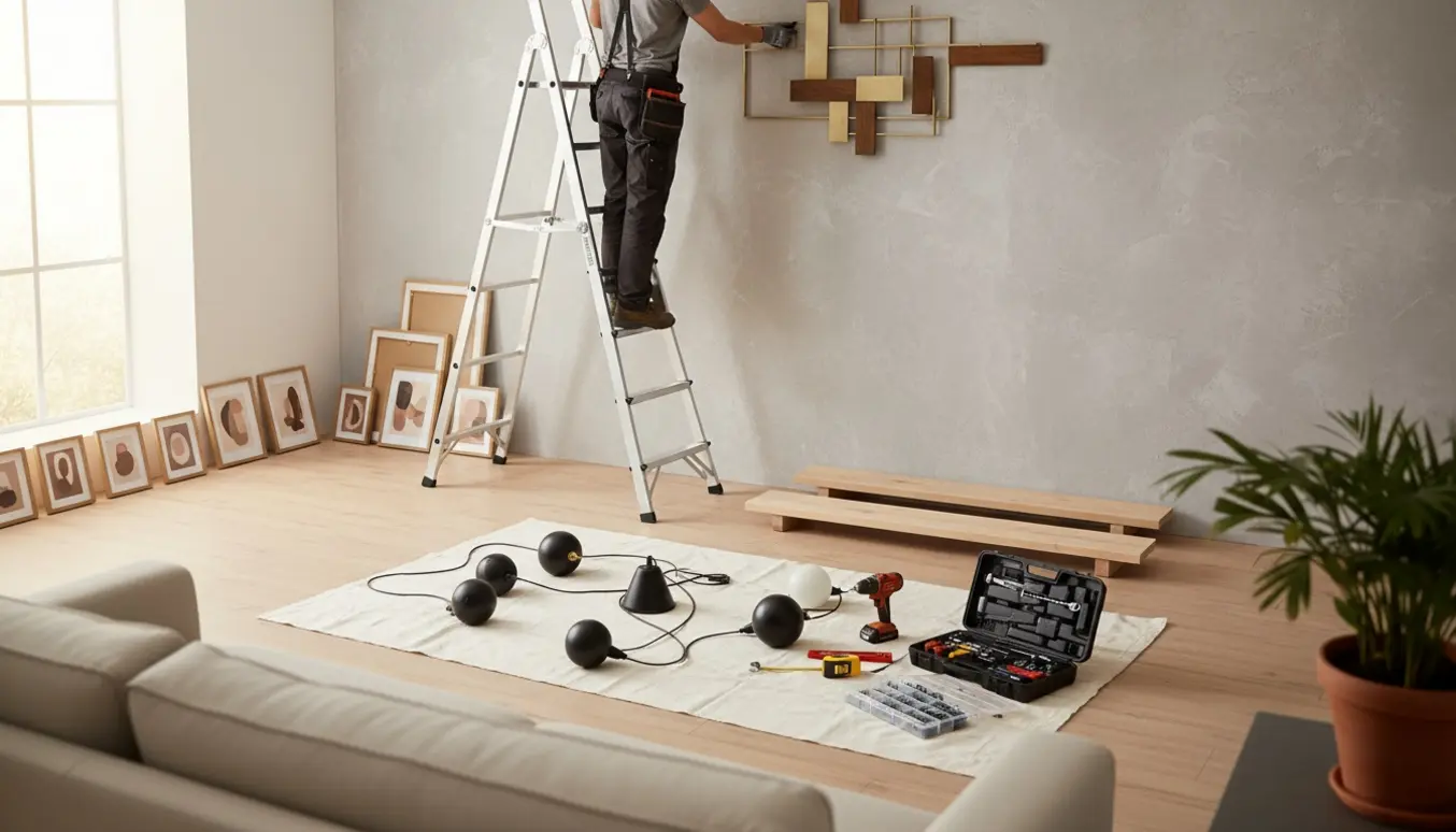 Håndværker på stige monterer lamper, stor vægophæng, små kunstværker og hylder i et lyst stueinteriør.