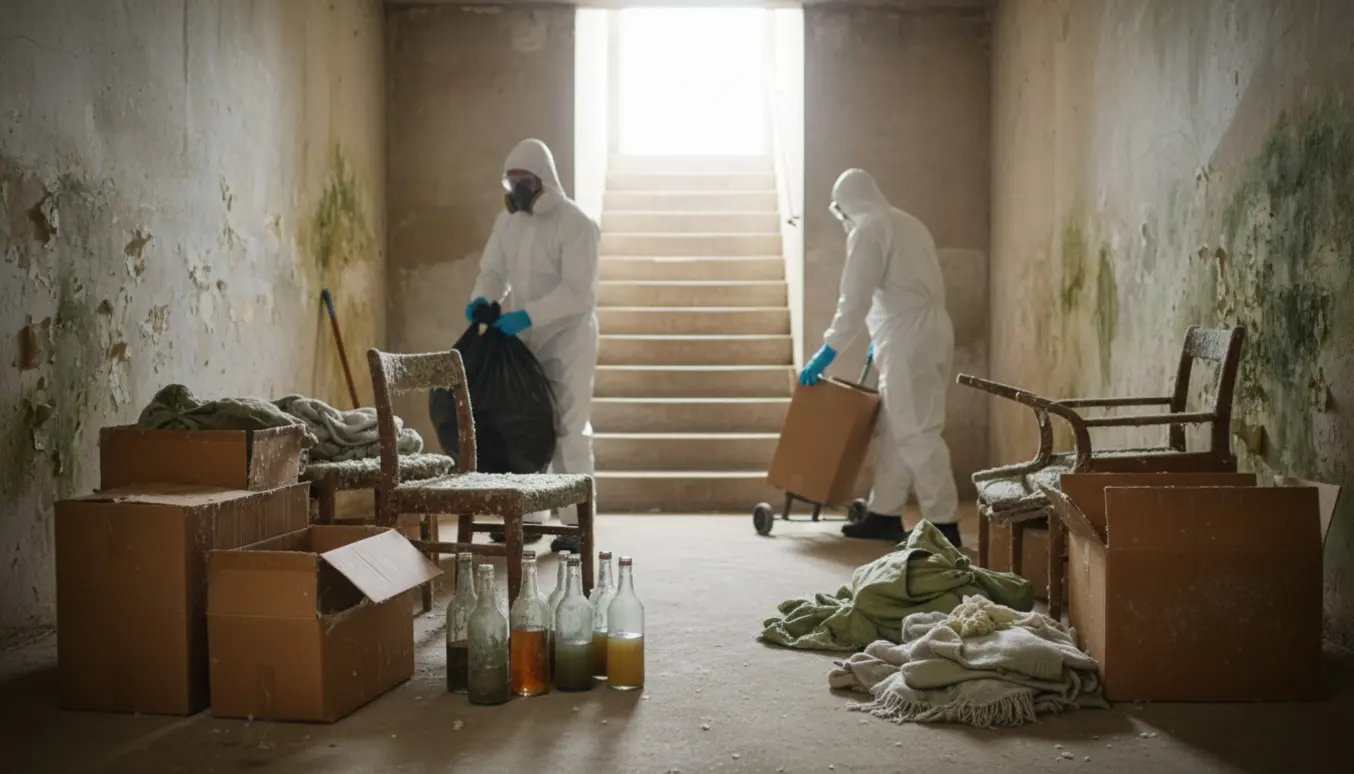 Fugtig kælder med værnemiddelklædte personer, der sorterer mugramte kasser, møbler og tæpper klar til afhentning.