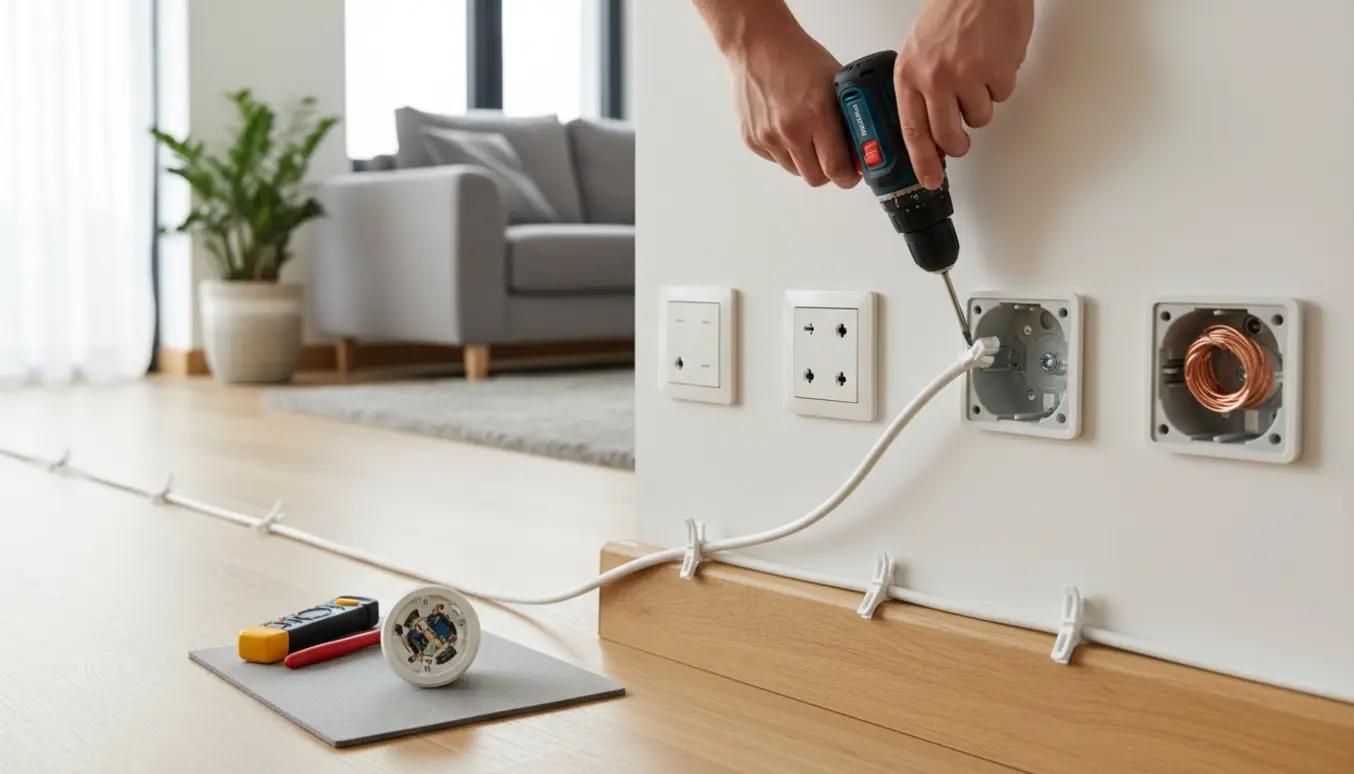 Nærfoto af hænder, der fæstner synlige ledninger langs en fordliste og monterer nye stikkontakter i en stue.