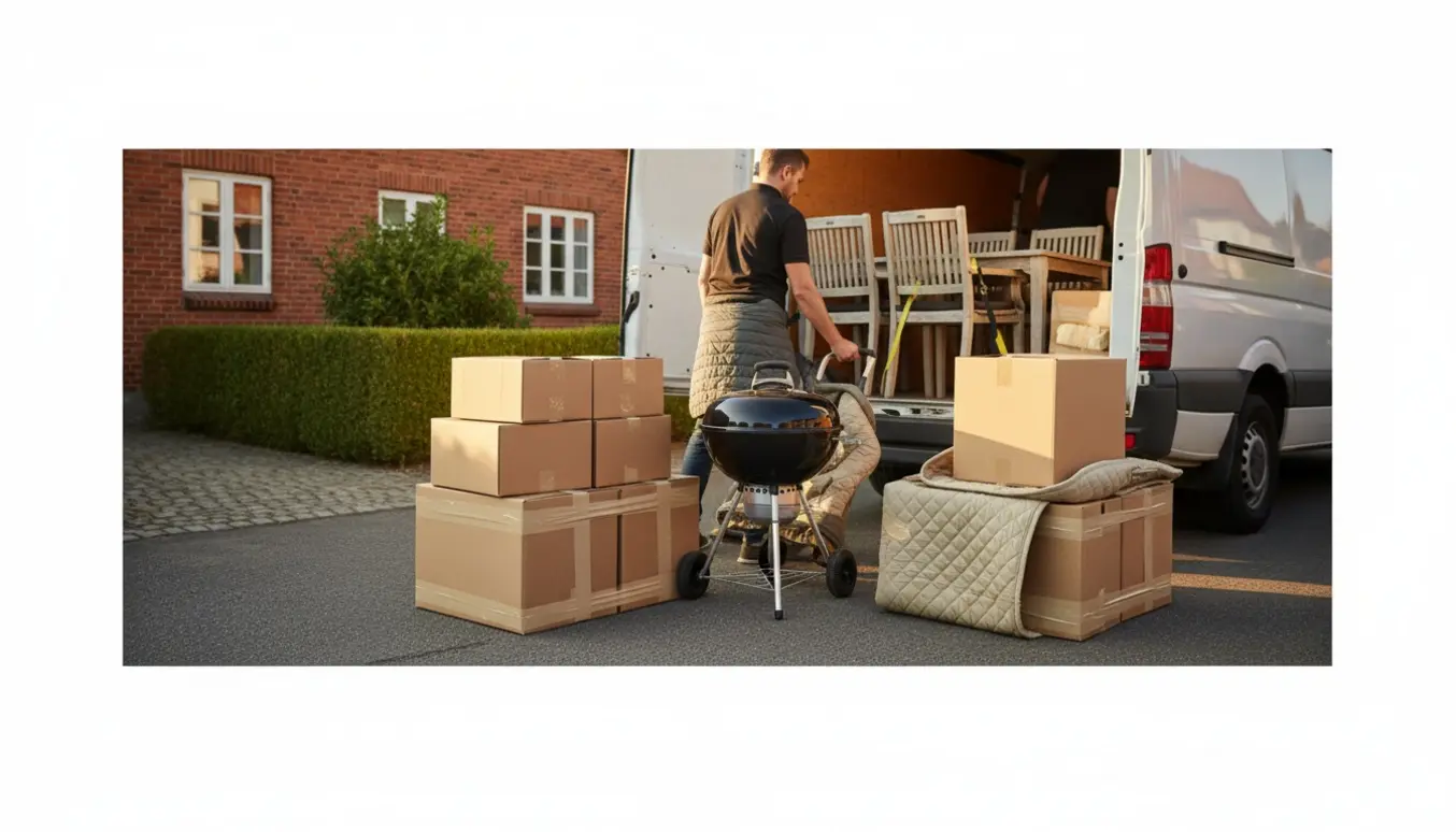 Flyttefolk læsser havebord, fire stole, grill og flyttekasser i en varebil på en dansk villavej.
