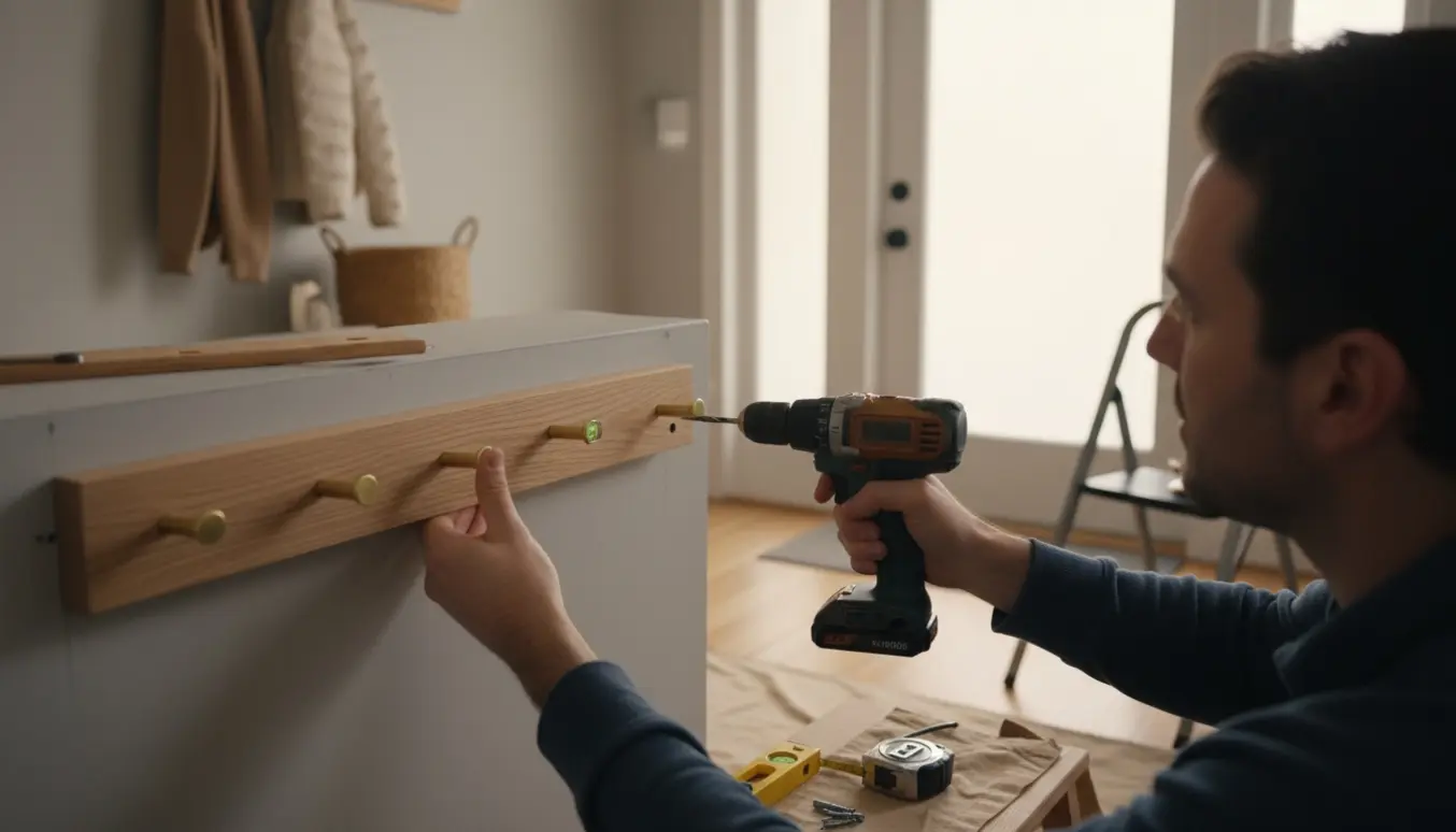 Hænder monterer en lys træknegrække i en lys entré med værktøj på en skammel og jakker i baggrunden.