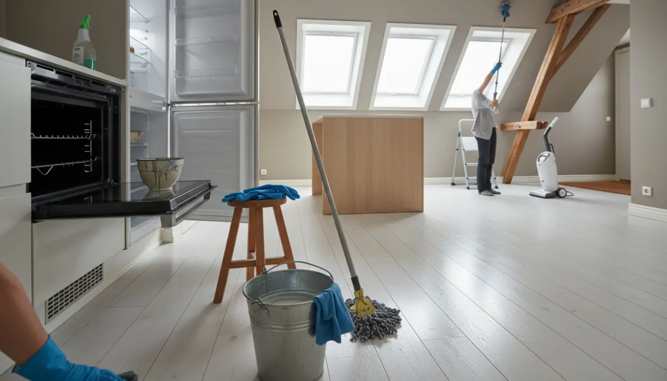 Lys skandinavisk lejlighed under flytterengøring med moppe, spand, gummihandsker og åbent ovnrum.