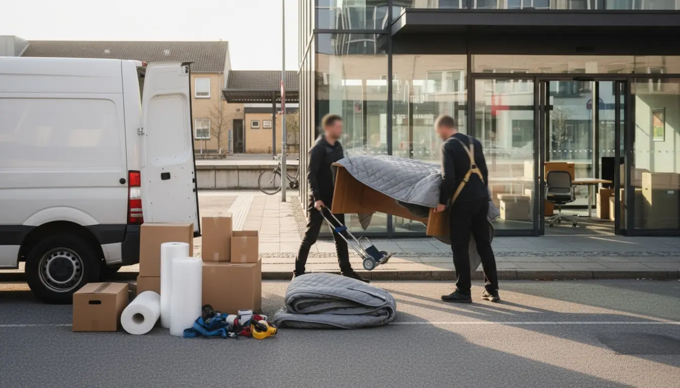 Flyttefolk læsser et indpakket skrivebord i en flyttevogn ved Hellerup Station.