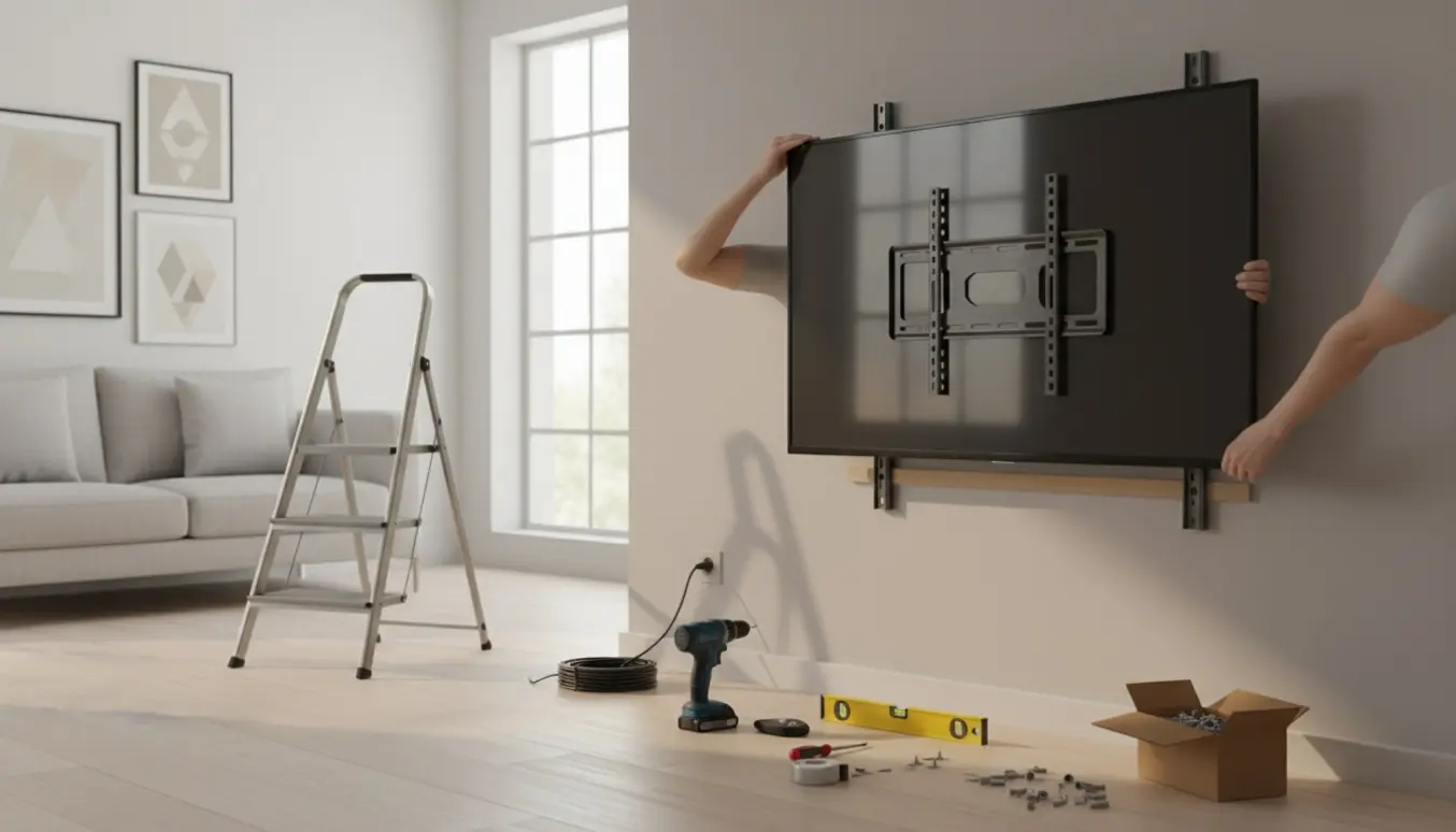 Fladskærms-tv monteres på væg med beslag og værktøj i en moderne stue.