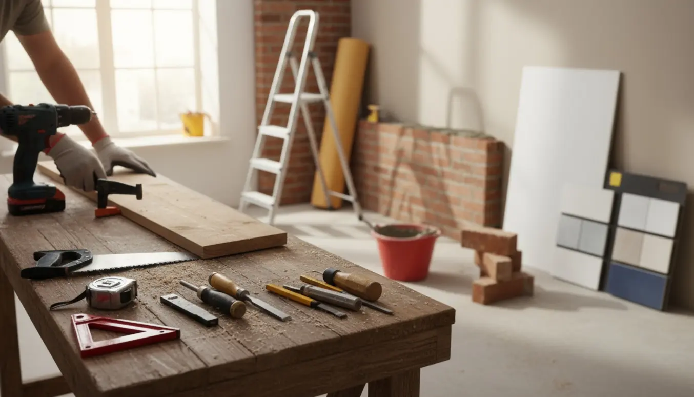 Indendørs renoveringsscene med håndværkerhænder, værktøj, træplanker og pudset mur.