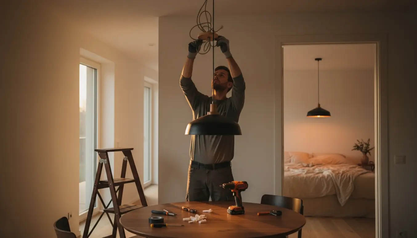 Håndværker hænger en loftslampe over spisebordet med værktøj på bordet og en nyligt ophængt lampe i soveværelset i baggrunden.