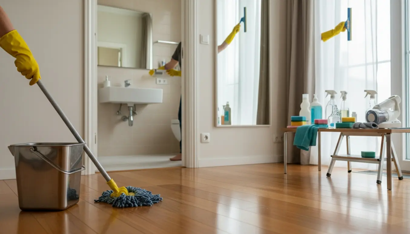Hænder i gule handsker vasker gulvet i et lyst privat hjem med rengøringsmidler og stribefri vinduer i baggrunden.