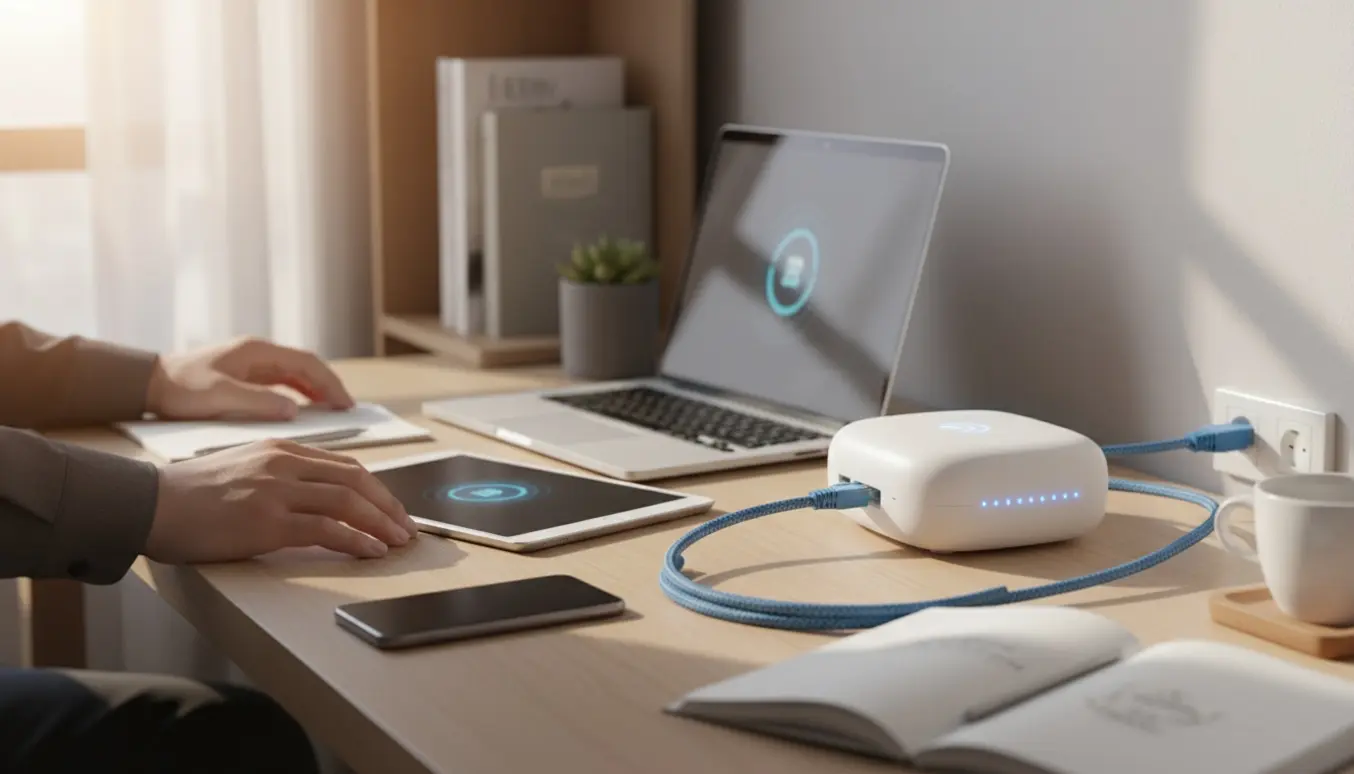 Hænder forsøger at tilslutte en ny router til vægudtaget ved et skrivebord med en laptop og iPad.