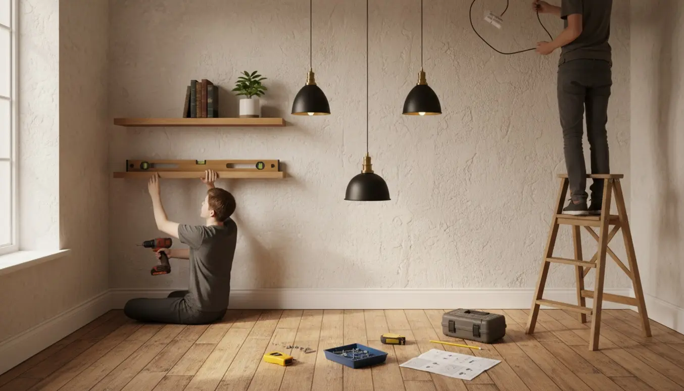 Hænder monterer hylder og ophænger lamper i et gammelt hus under en flytning.