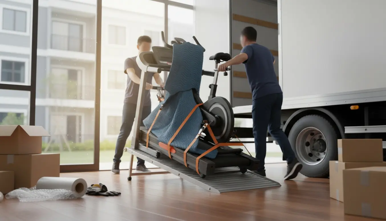 To flyttemænd læsser et indpakket løbebånd og en træningscykel på en flyttebil, ansigter ikke synlige.