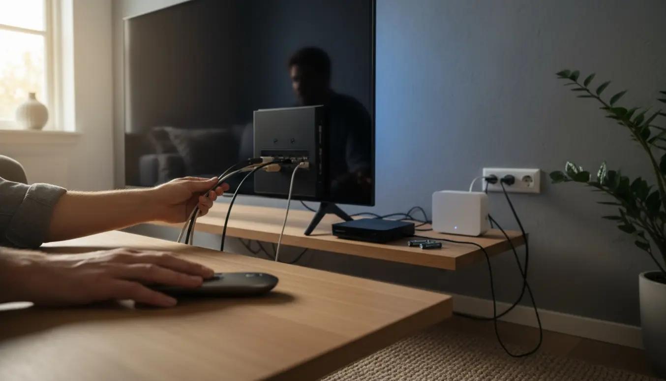 Hænder tilslutter kabler bag et fladskærms-tv med en router i baggrunden.