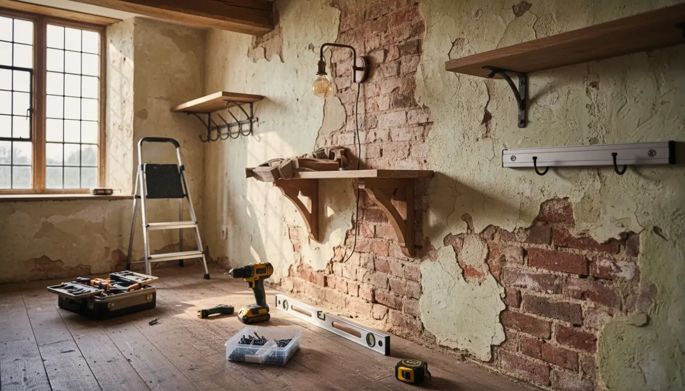 Arbejdsområde med hylder, væglampe, knagerække og magnetskinne monteret på en ujævn, gammel væg.