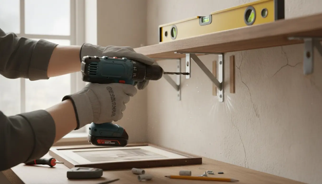 Nærbillede af hænder, der genopsætter en hylde med boremaskine og vaterpas foran en ujævn væg.