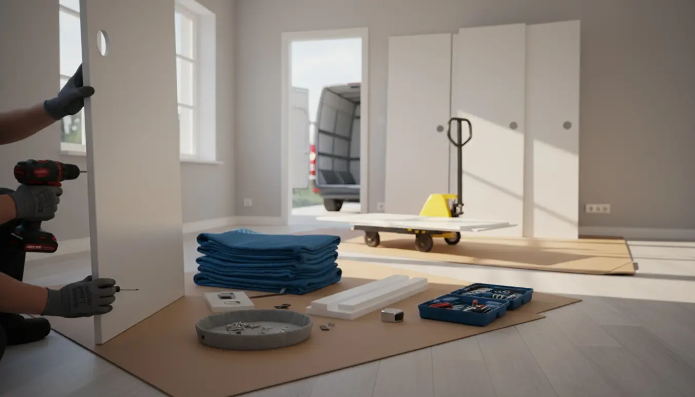 Hænder demonterer et garderobeskab i et lyst skandinavisk rum med værktøj og flytteudstyr.