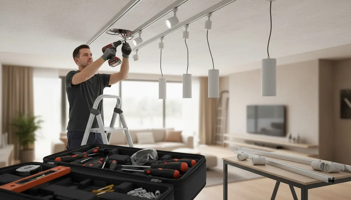 En håndværker monterer fire lamper og syv LED-skinner i et gipsloft med stige og værktøj i rummet.