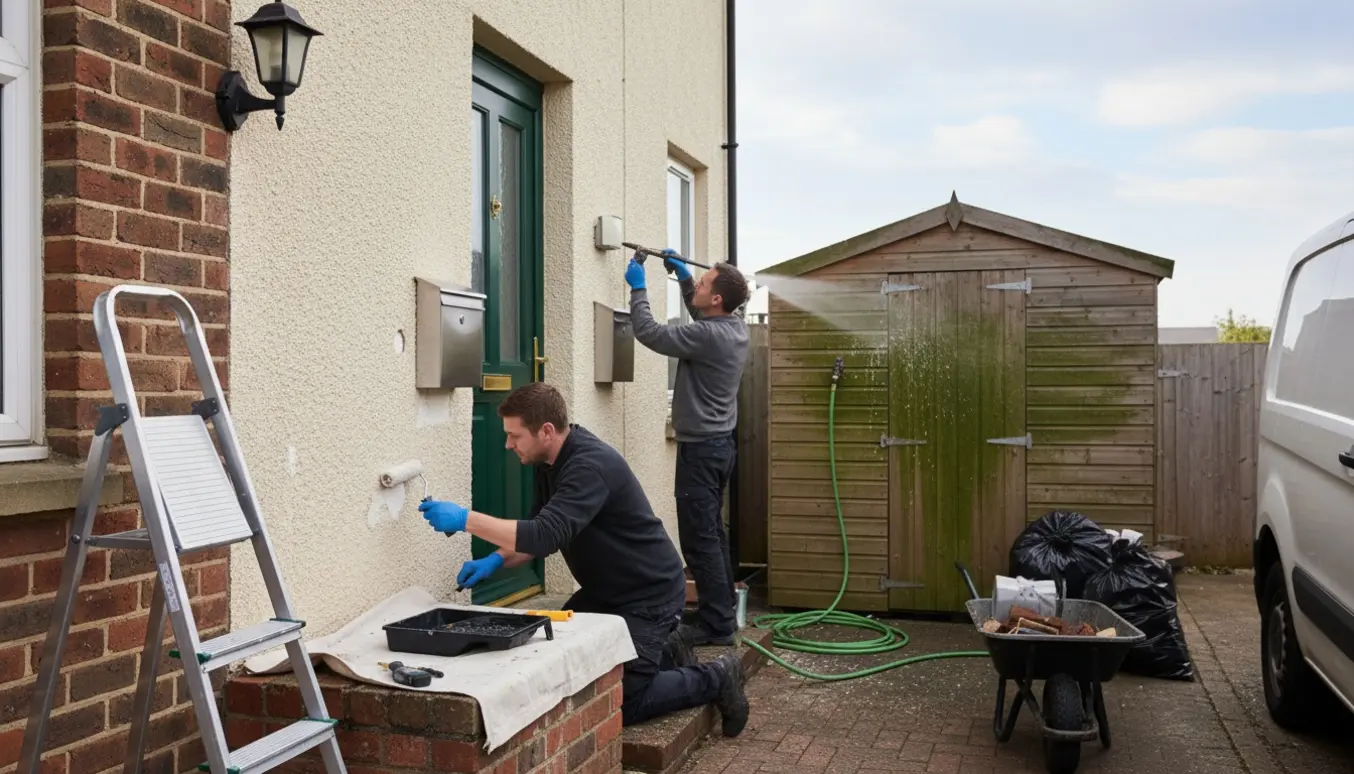 Håndværkere klargør et mindre rækkehus med maling, montering af postkasse og højtryksspuling af skur.
