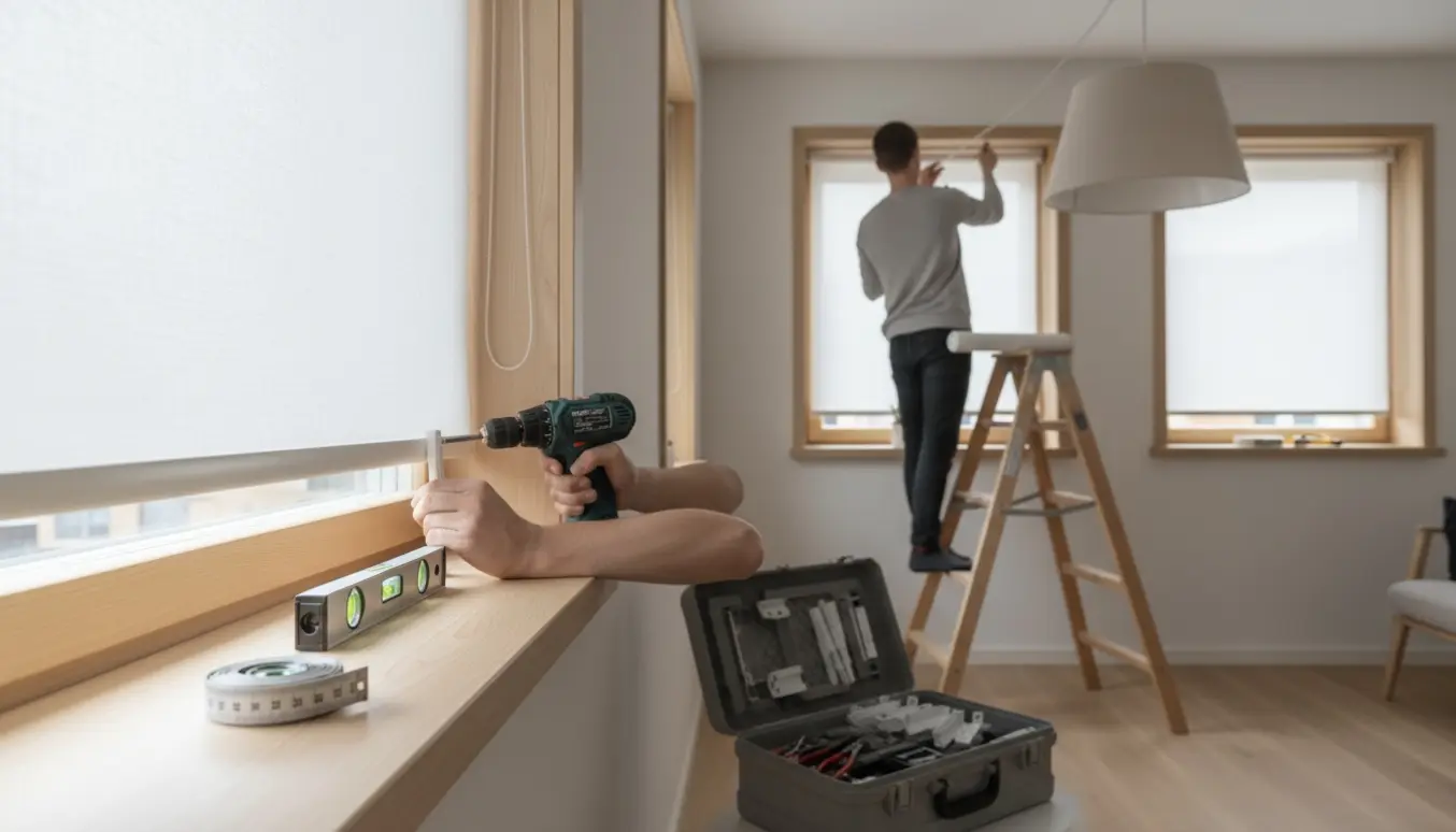Hænder monterer og reparerer rullegardiner og sætter en lampeskærm op i et lyst, skandinavisk hjem.