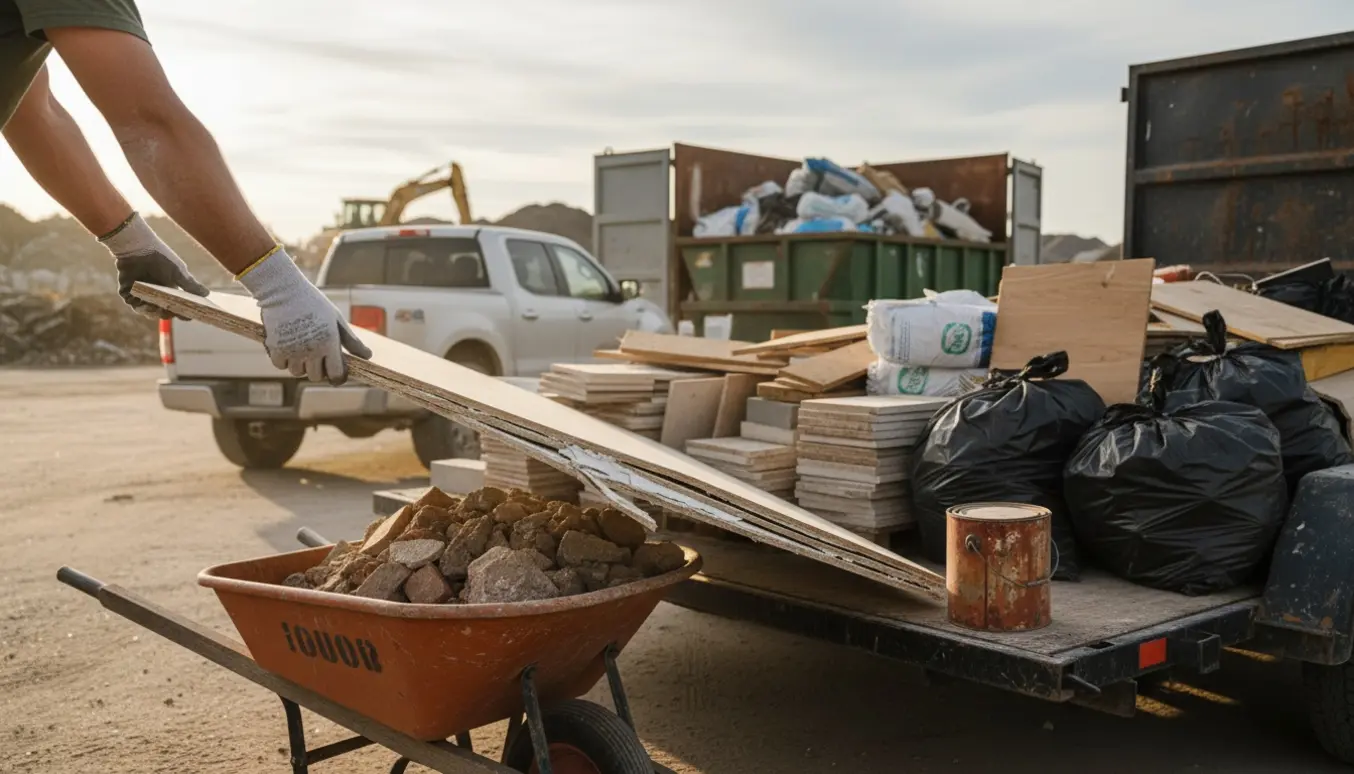 Trailer og arbejdshandsker ved losseplads fyldt med byggeaffald efter renovering.