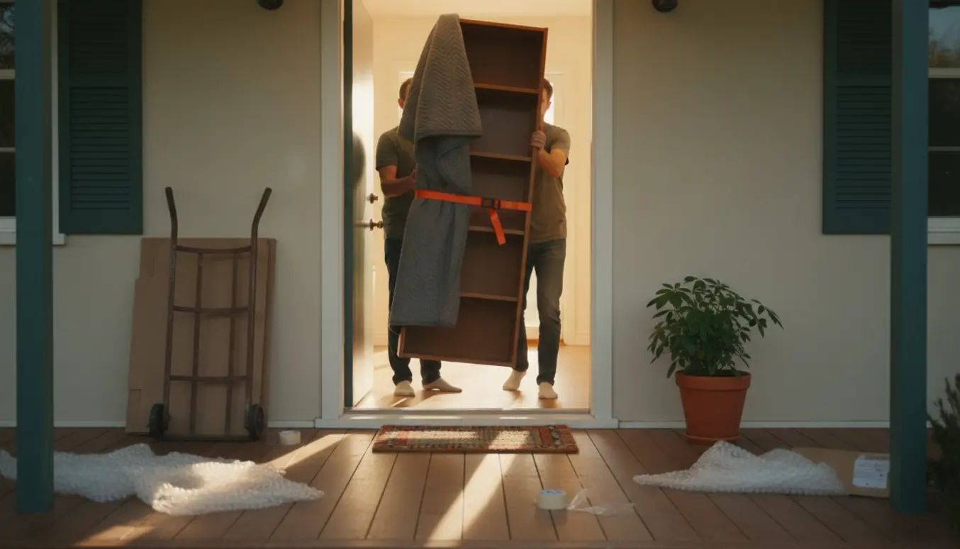 To personer bærer en indpakket reol gennem hoveddøren i et étplanshus.