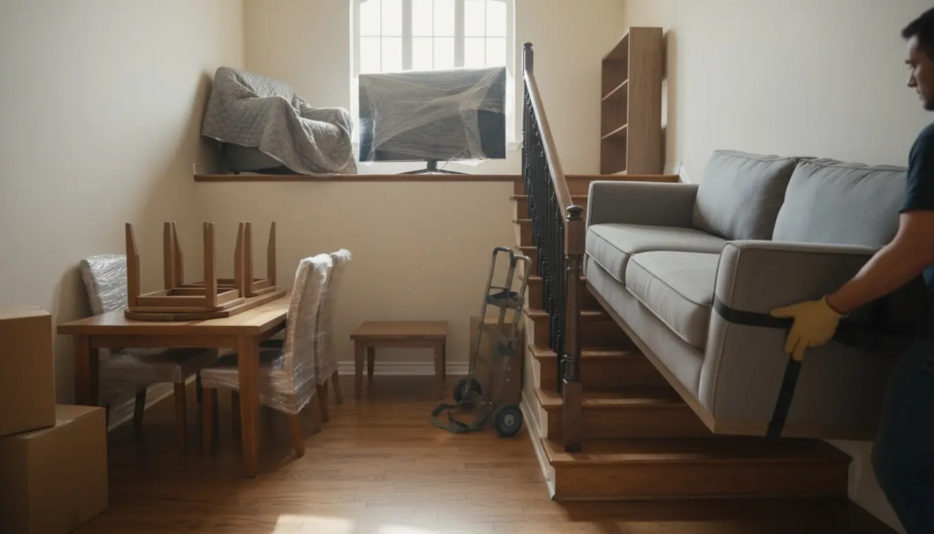 Flyttefolk bærer sofa og pakket møbler på en trappeopgang mellem tre etager.