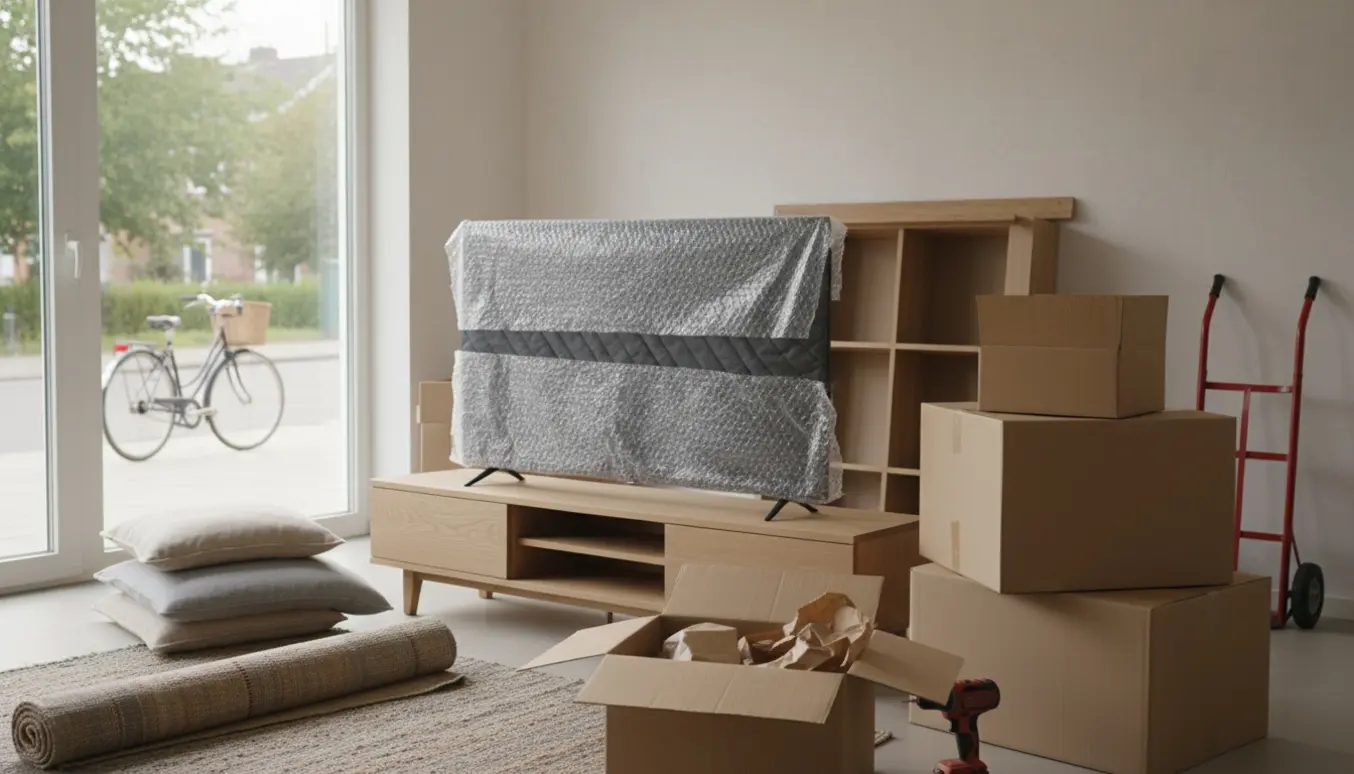 Flytning i stuen med pakket tv, møbler og flyttekasser i blødt dagslys.