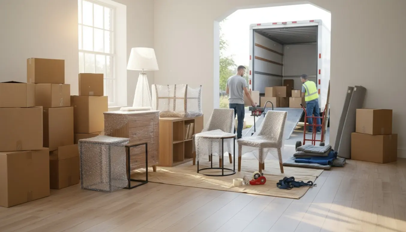 Stue under flytning med cirka 15 flyttekasser og omkring 10 indpakkede småmøbler ved en åben flyttebil.