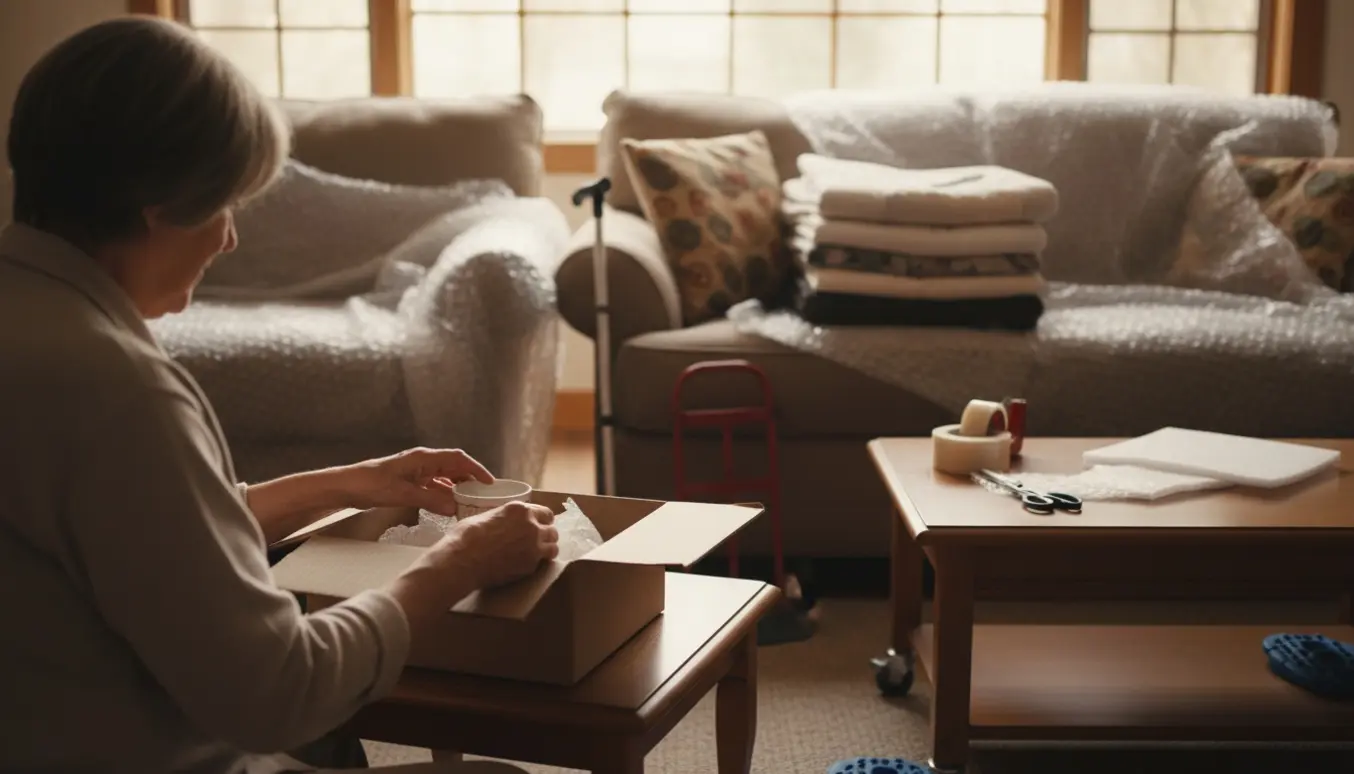 Møbler delvist indpakket til flytning, en hvid stok lænet mod en stol, og hænder pakker kasser i et solrigt hjem.