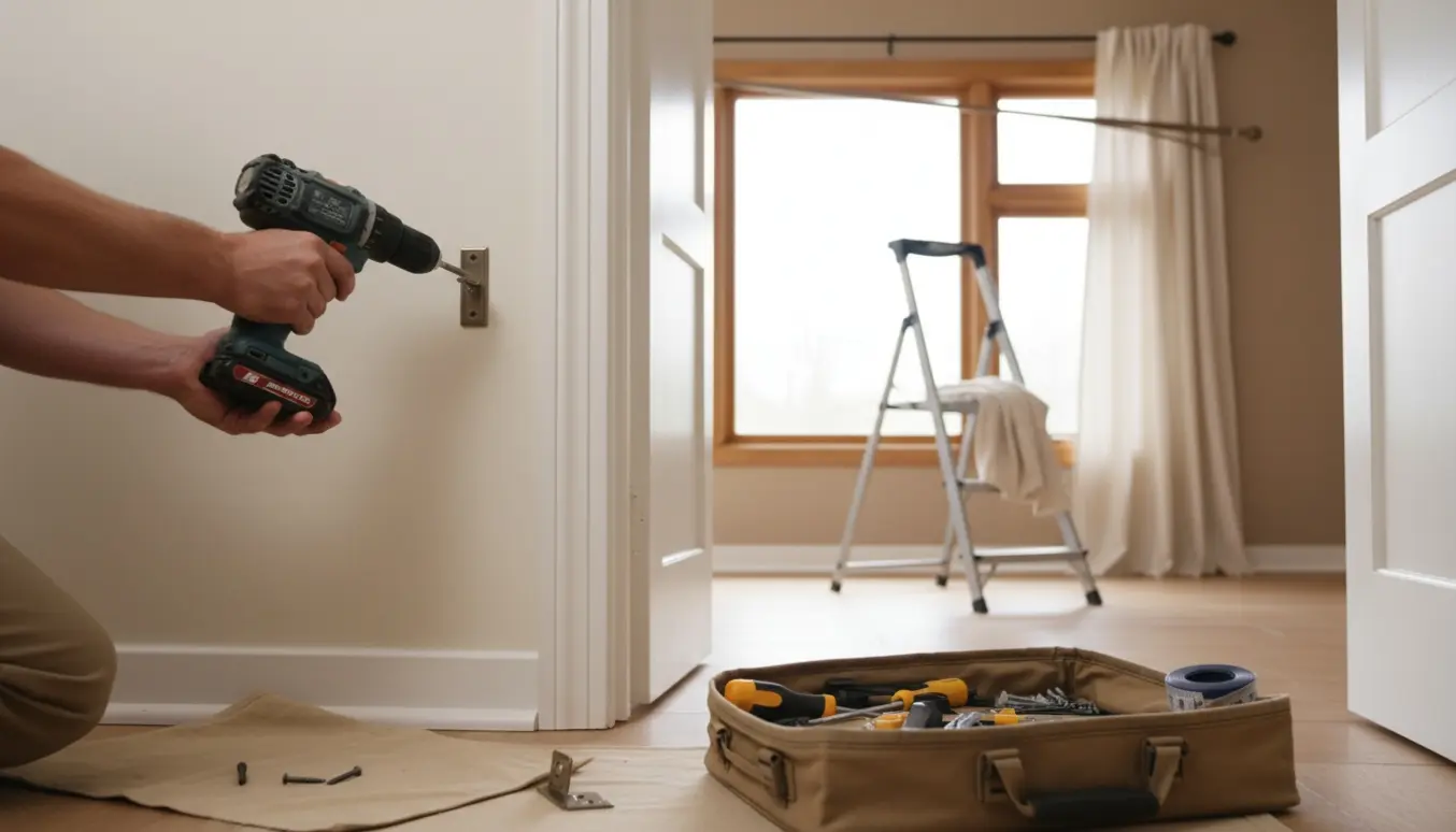 Nærbillede af hænder, der afmonterer en gardinstang med værktøj og en stige i et lyst hjem.