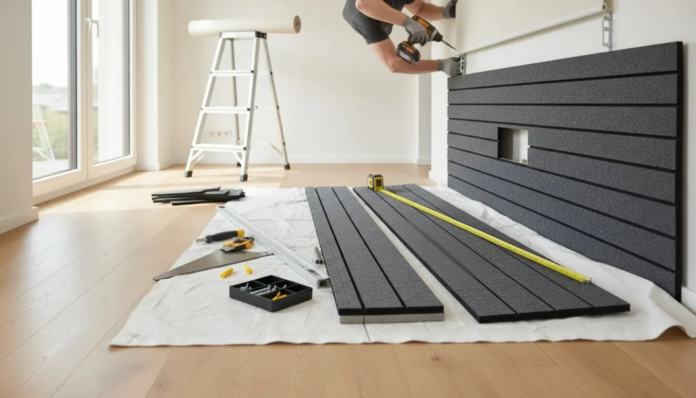 Installatør måler og skærer akustikpaneler i en lys entré, mens rullegardin og beslag er klar til montering.