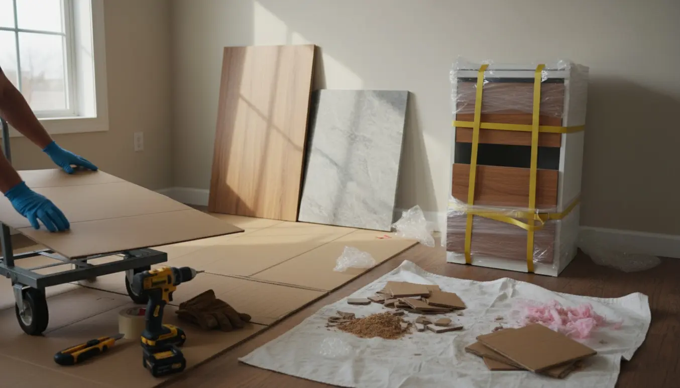 Tre bordplader, gamle låger og sammenfoldet pap samlet i et solbelyst køkken klar til bortskaffelse.