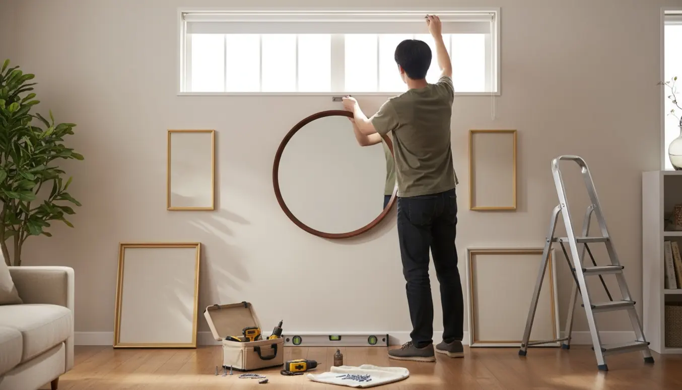 Håndværker hænger et spejl og to malerier op og monterer et rullegardin i en lys stue.