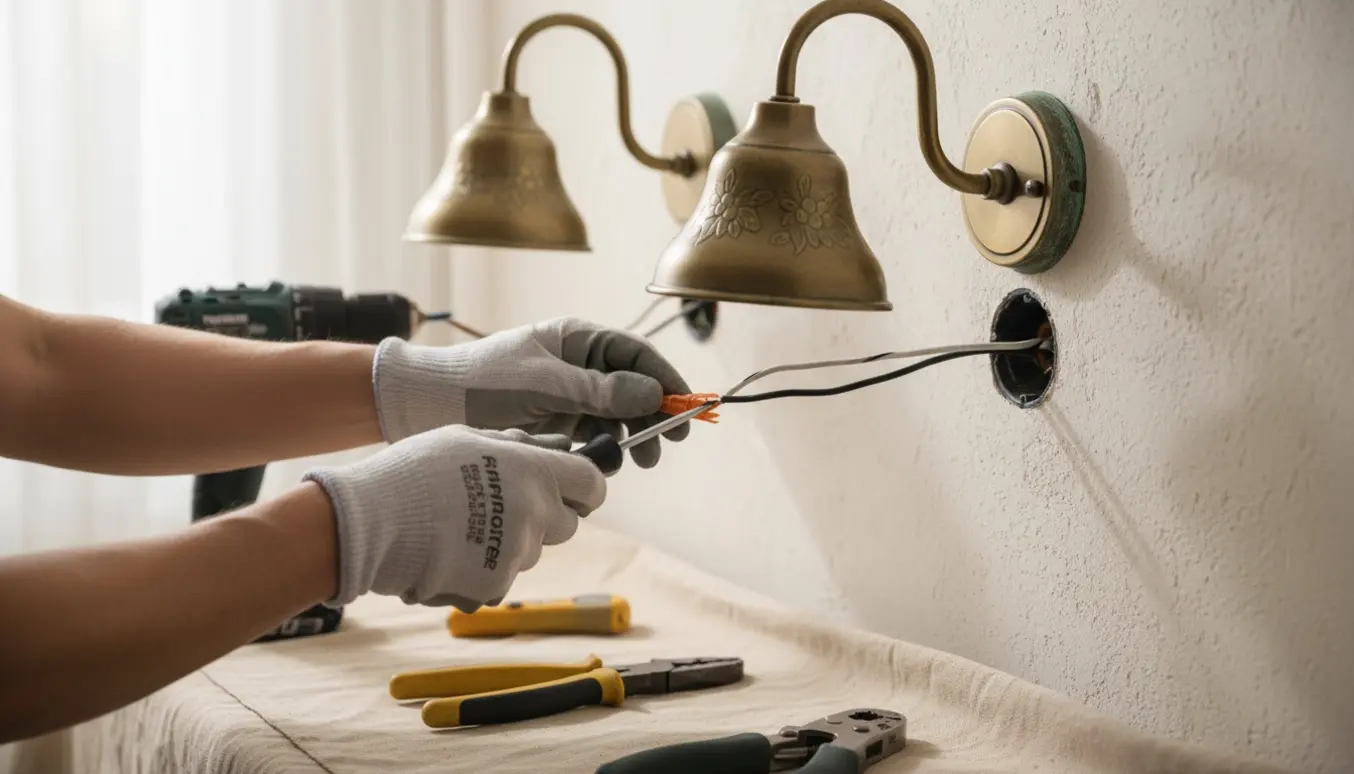 Blotte hænder monterer to små vintage væglamper på en indendørs væg med værktøj i nærheden.