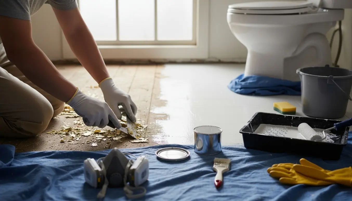 Nærbillede af gulvrenovering på et toilet med handske-arbejde, skraber og hvid maling.