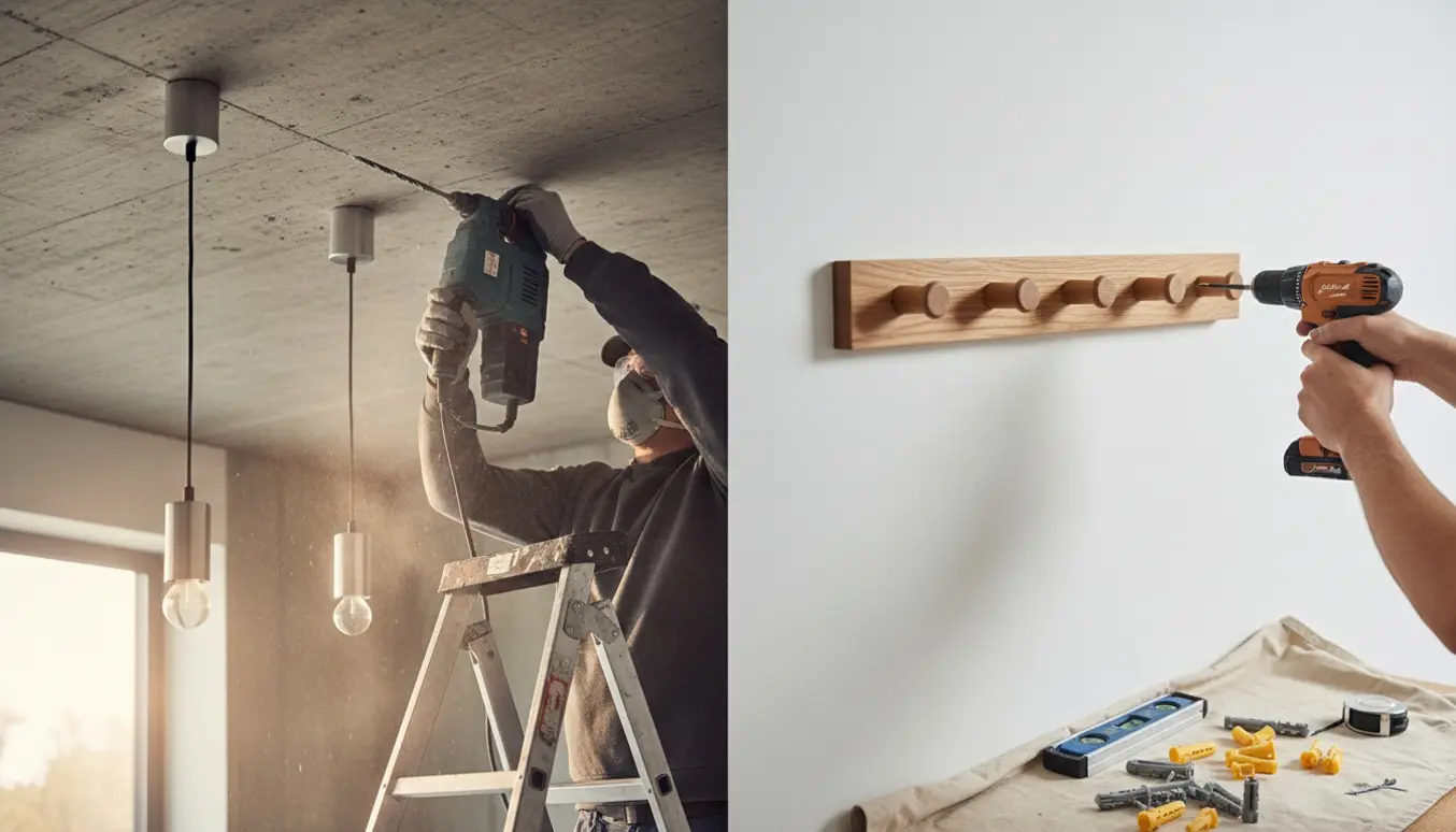Hænder monterer to loftslamper i betonloft og fastgør en træknagerække på en gipsvæg med boremaskine og rawlplugs.