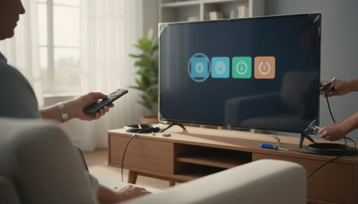 Hænder tilslutter koaksialkabel og bruger fjernbetjening for at installere kanaler på et nyt TV.
