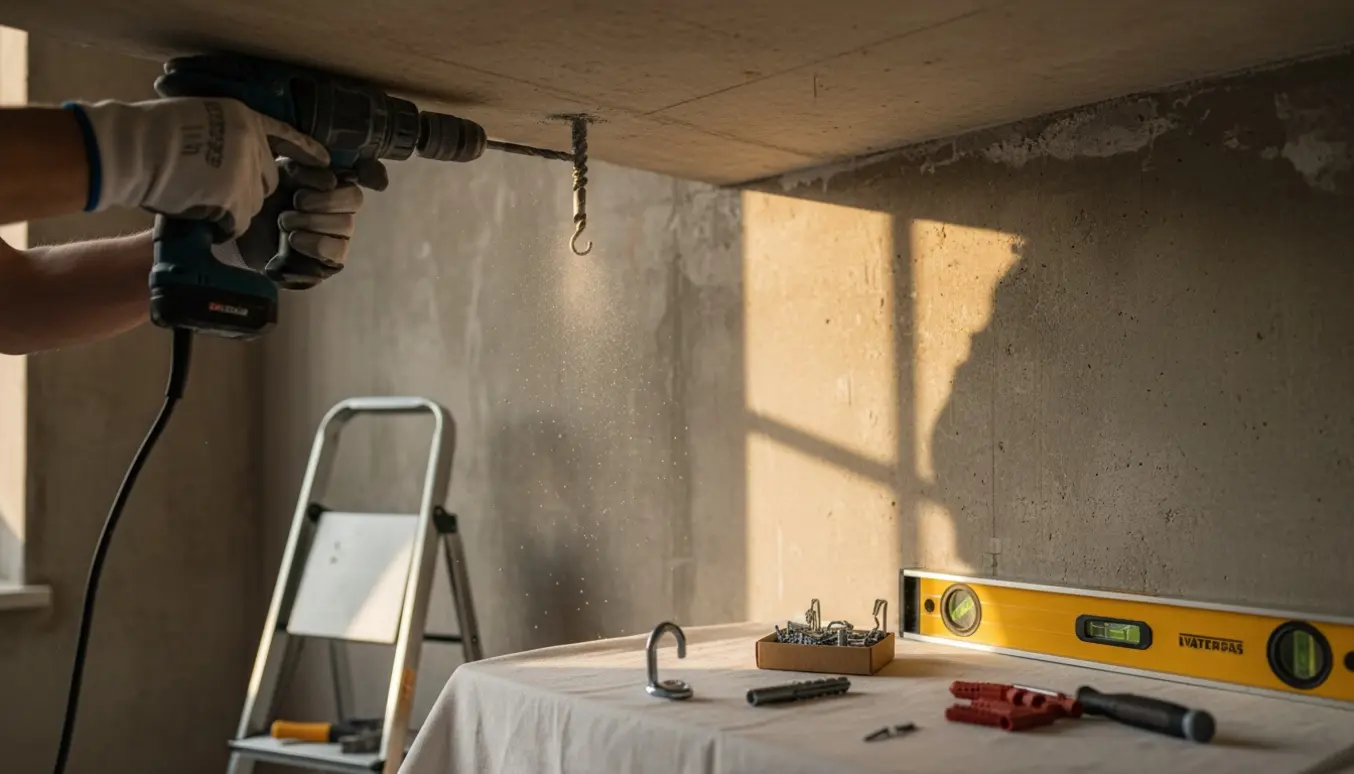 Nærbillede af boring i betonloft og opsætning af to skruer i væg med vaterpas og værktøj.