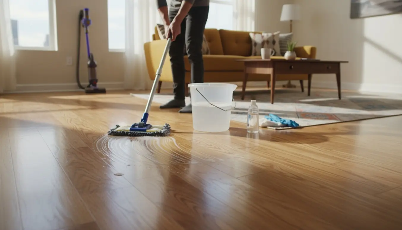 Nærbillede af gulvvask i møbleret lejlighed med mikrofibermoppe og sollys på trægulvet.