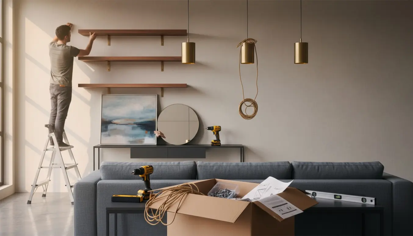 Montage af tre hylder, tre pendellamper, et maleri og et spejl over en sofa med værktøj på gulvet.