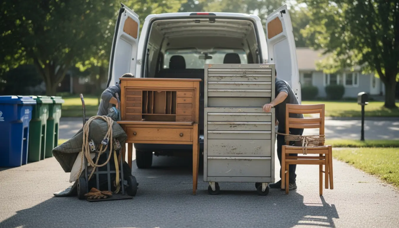Et chatol og et metalværktøjsskab læsset i en varevogn ved en genbrugsplads, uden tydelige ansigter synlige.