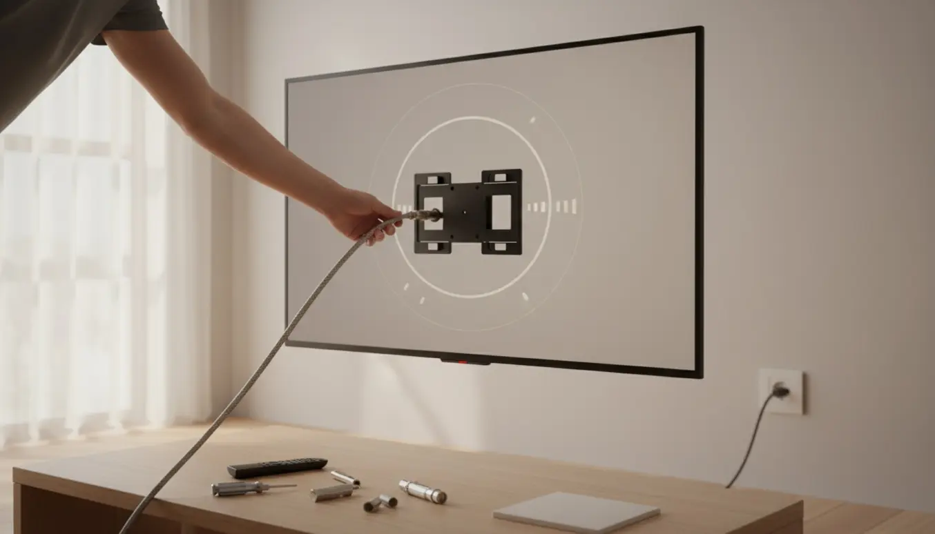 Hænder tilslutter coax-kabel til en UHD-fladskærm under opsætning af tv-kanaler i en hyggelig stue.