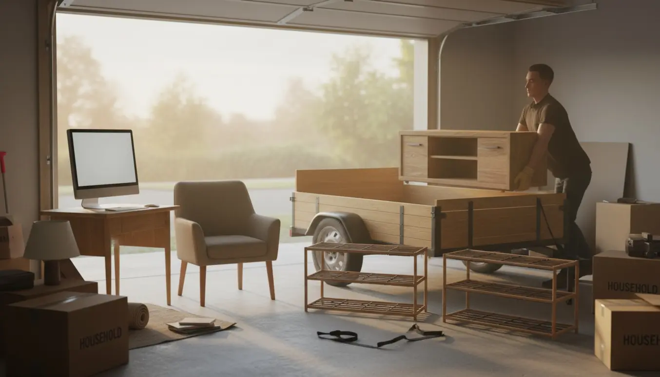 En person læsser et TV-bord, en stol og to skohylder fra et pulterkammer i en trailer.
