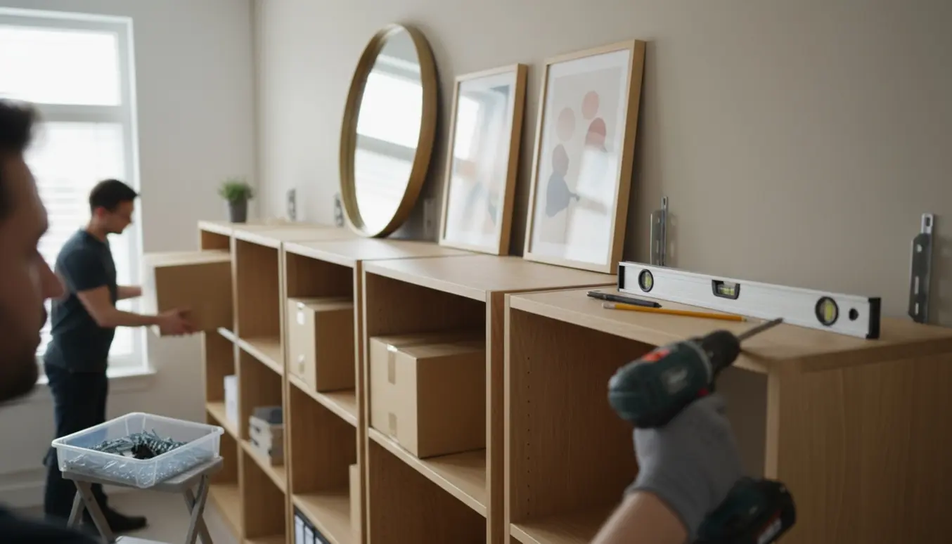 Montage af reoler og ophæng af billeder og spejl i et lyst kontor, mens kasser sættes på hylder.