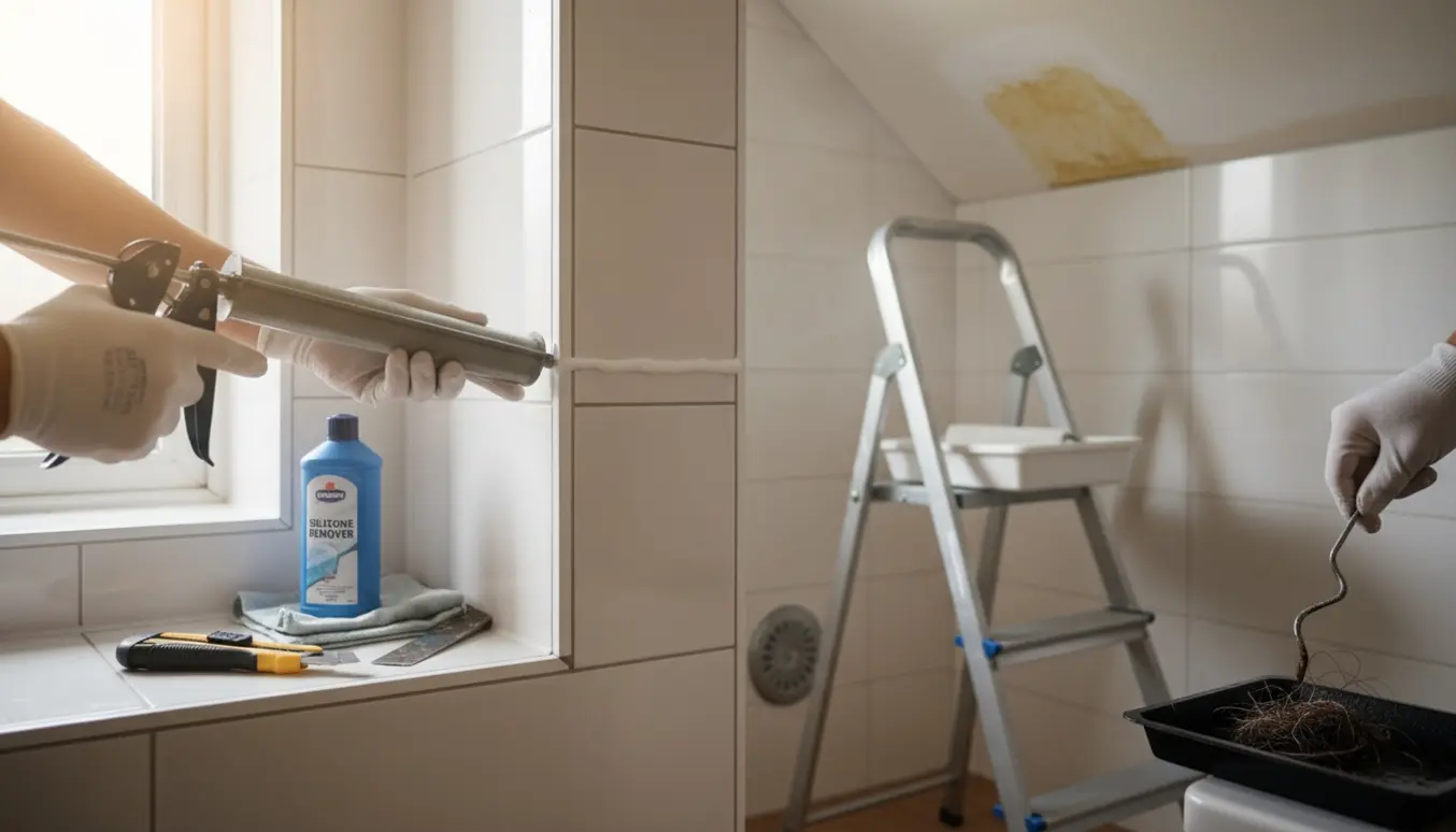 Nærbillede af hænder, der påfører ny silikonefuge i en flisebruseniche, med repareret loft og oprenset gulvafløb i baggrunden.