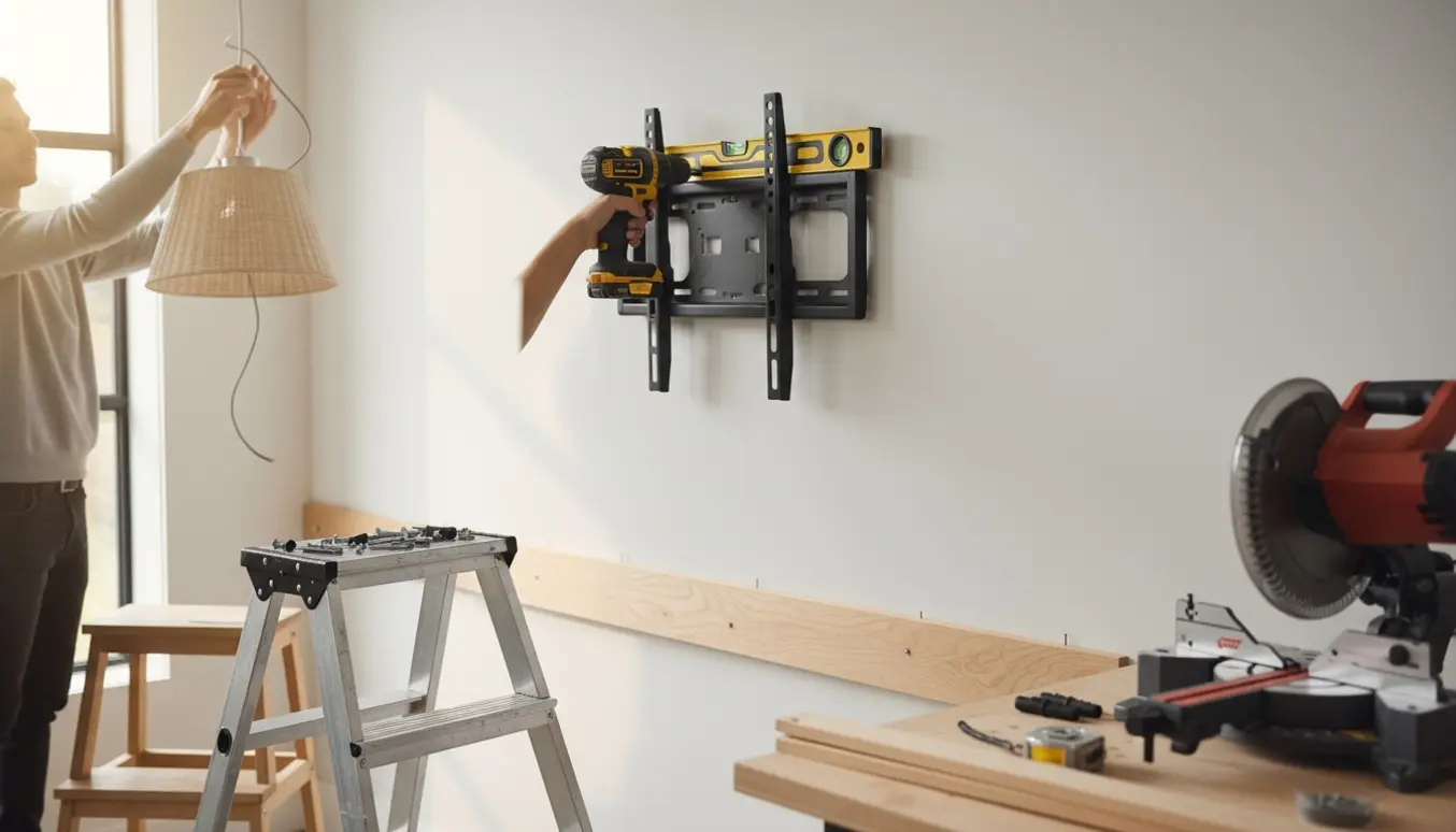 Hænder monterer et tv‑ophæng og hænger en lampe op i et lyst rum med kantlister klar.