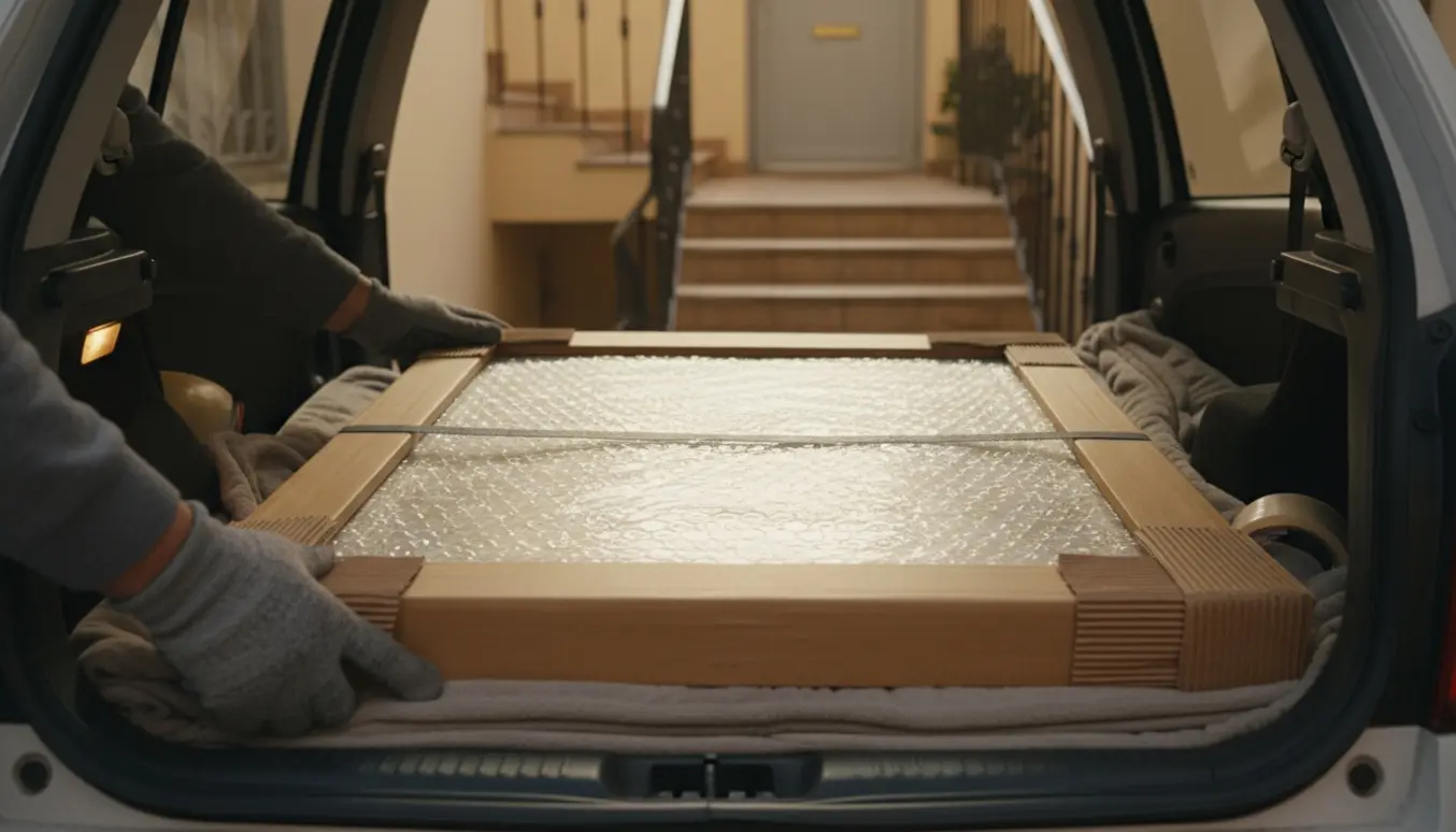 Indrammet billede (60x80 cm) pakket og sikret i bagagerummet på en mindre personbil ved en trappeopgang.