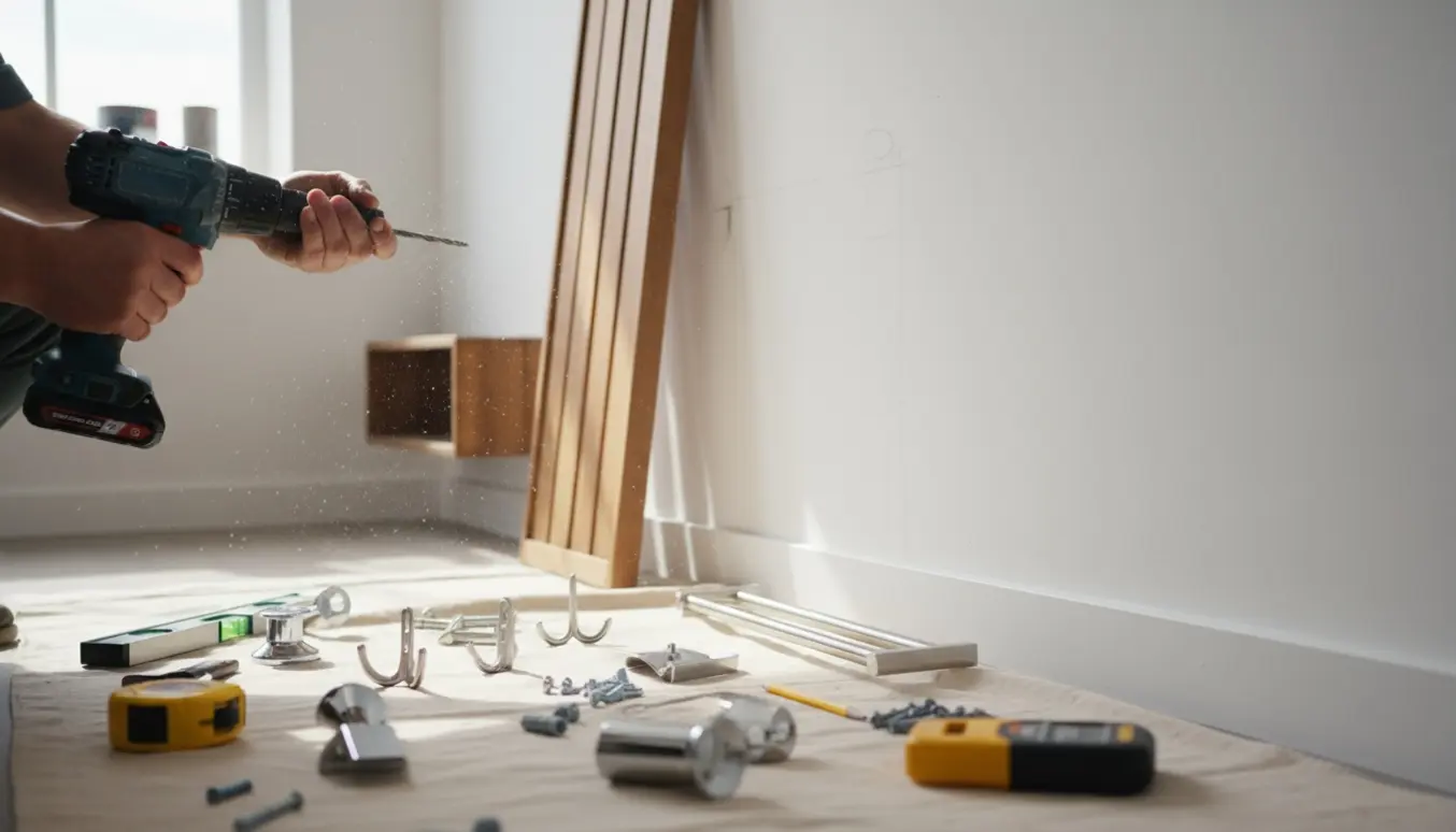 Nærbillede af hænder, der borer i en væg for at montere knagerække, skoreol og badeværelsestilbehør.
