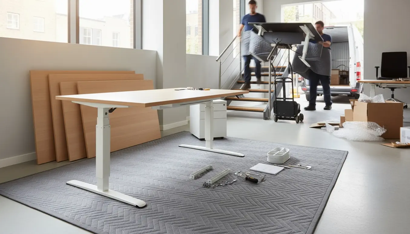 Montører samler nye hæve-sænkeborde indendørs, mens brugte borde bæres ned ad en trappe mod en varebil.